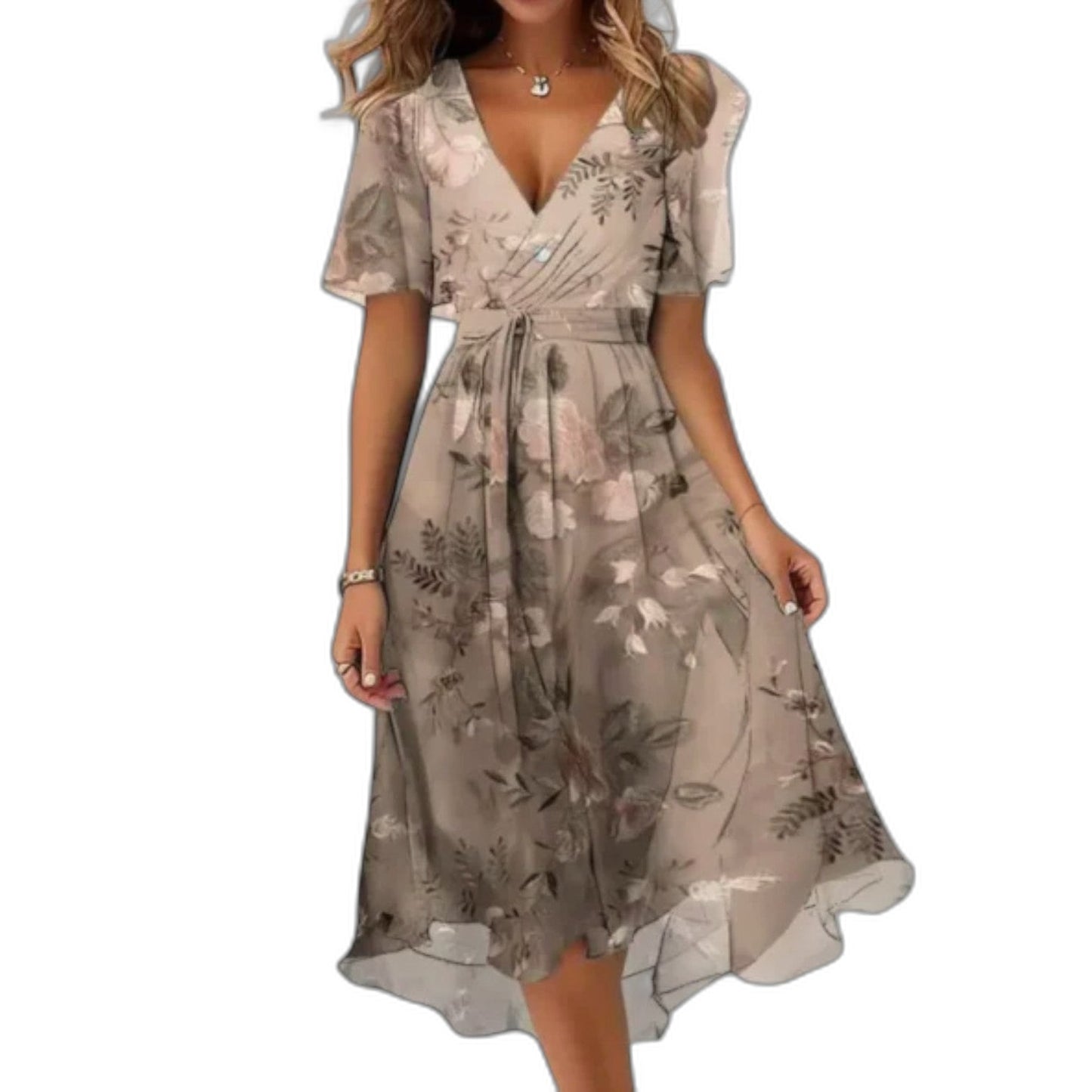 Effortless Floral Midi Dress for Women with Chiffon V Neck Short Sleeve Fit And Flare Casual Style