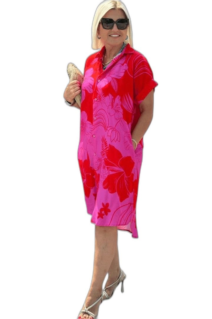 Effortless Floral Midi Dress for Women with Collared Short Sleeve Button Front Flowing Casual Style