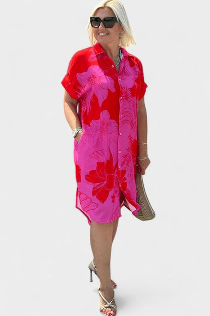 Effortless Floral Midi Dress for Women with Collared Short Sleeve Button Front Flowing Casual Style