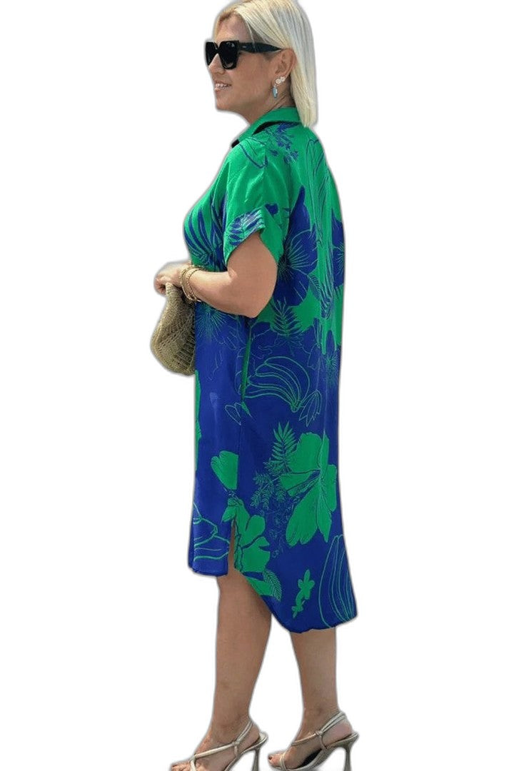 Effortless Floral Midi Dress for Women with Collared Short Sleeve Button Front Flowing Casual Style
