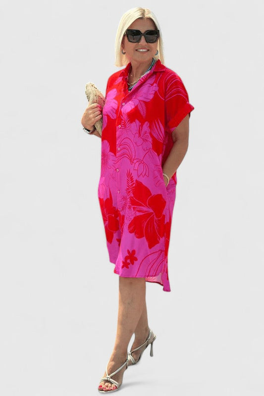 Effortless Floral Midi Dress for Women with Collared Short Sleeve Flowing Casual Style
