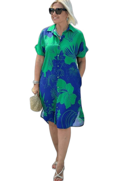 Effortless Floral Midi Dress for Women with Collared Short Sleeve Flowing Casual Style