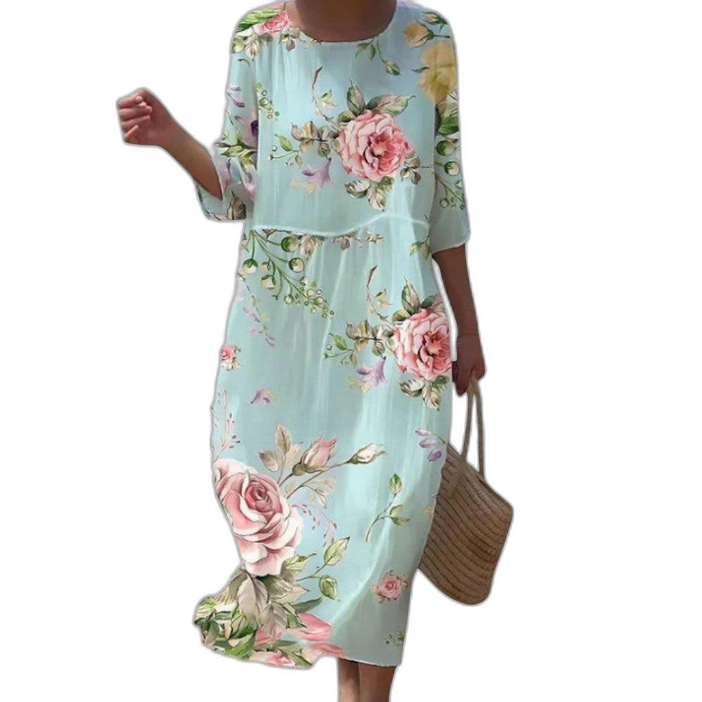 Effortless Floral Midi Dress for Women with Crew Neck Elbow Sleeve Flowing Casual Style