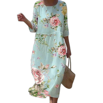Effortless Floral Midi Dress for Women with Crew Neck Elbow Sleeve Flowing Casual Style