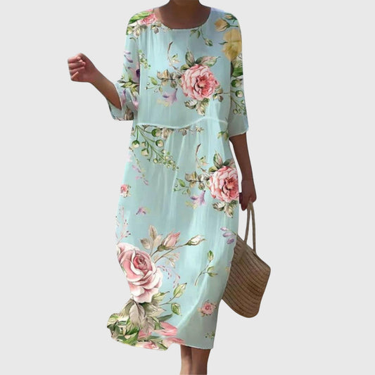 Effortless Floral Midi Dress for Women with Crew Neck Elbow Sleeve Flowing Casual Style