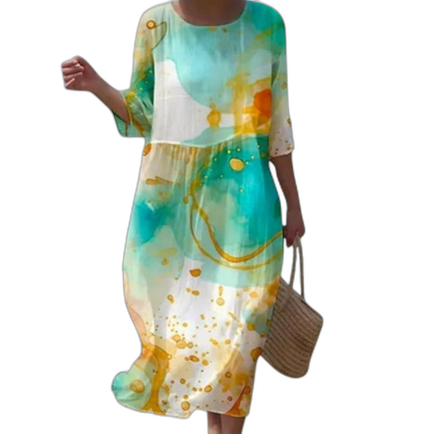Effortless Floral Midi Dress for Women with Crew Neck Elbow Sleeve Flowing Casual Style