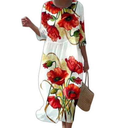 Effortless Floral Midi Dress for Women with Crew Neck Elbow Sleeve Flowing Casual Style