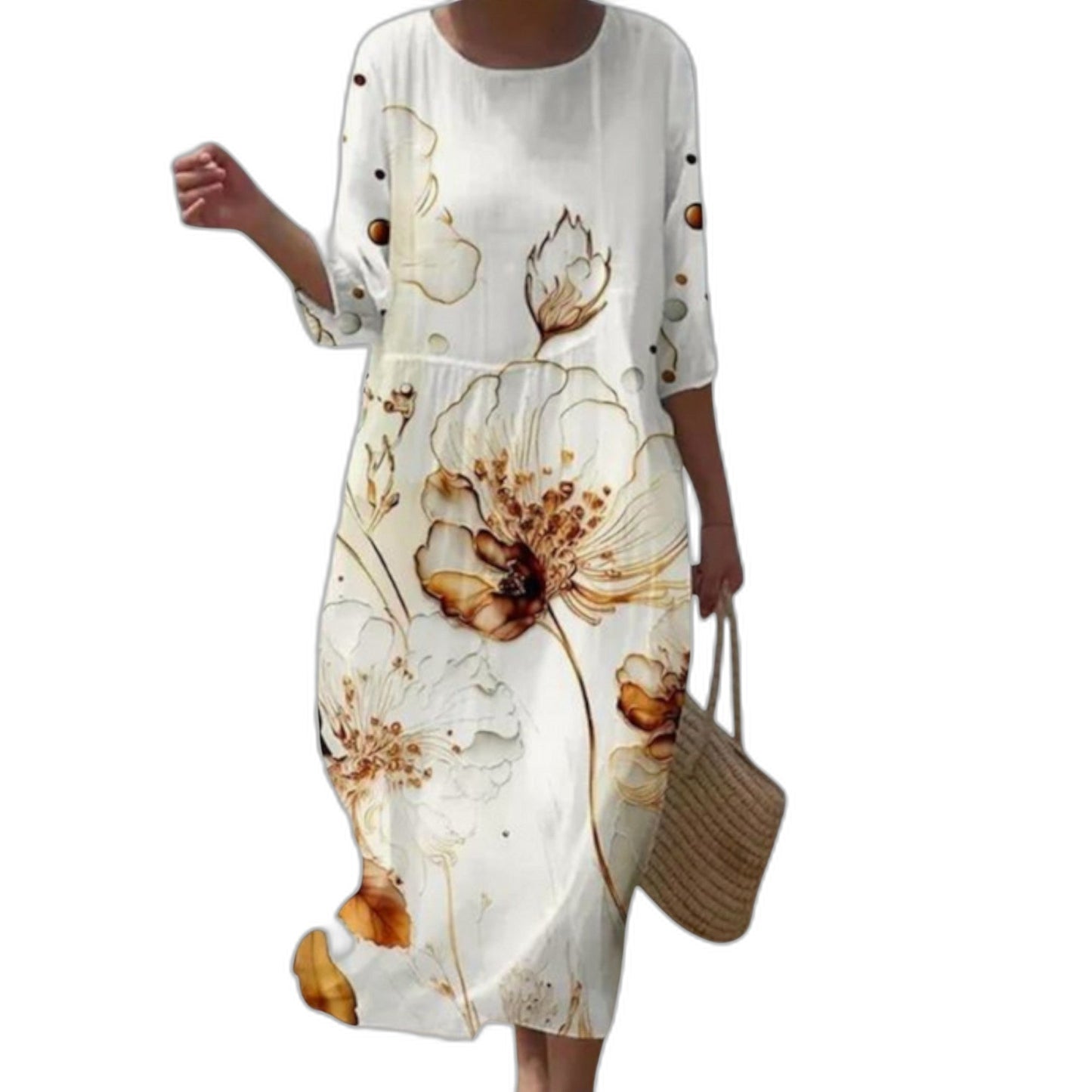 Effortless Floral Midi Dress for Women with Crew Neck Elbow Sleeve Flowing Casual Style