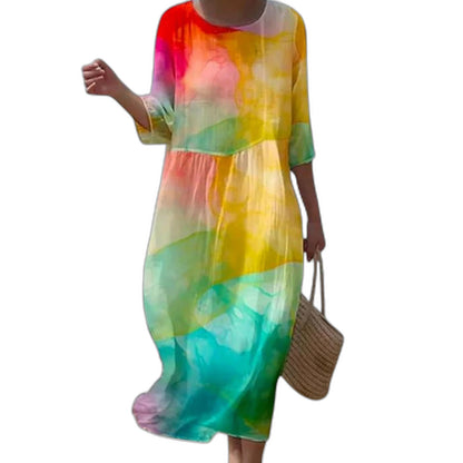 Effortless Floral Midi Dress for Women with Crew Neck Elbow Sleeve Flowing Casual Style