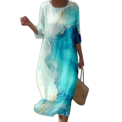 Effortless Floral Midi Dress for Women with Crew Neck Elbow Sleeve Flowing Casual Style