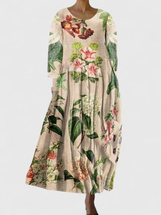 Effortless Floral Midi Dress for Women with Crew Neck Long Sleeve A Line Flowing Casual Style