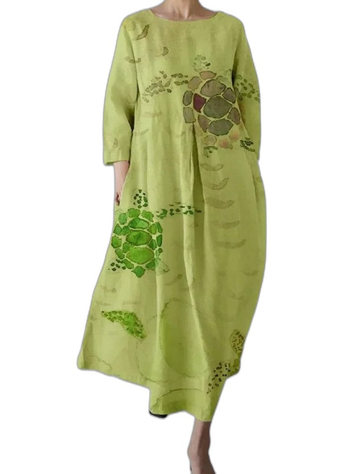 Effortless Floral Midi Dress for Women with Crew Neck Long Sleeve A Line Flowing Casual Style