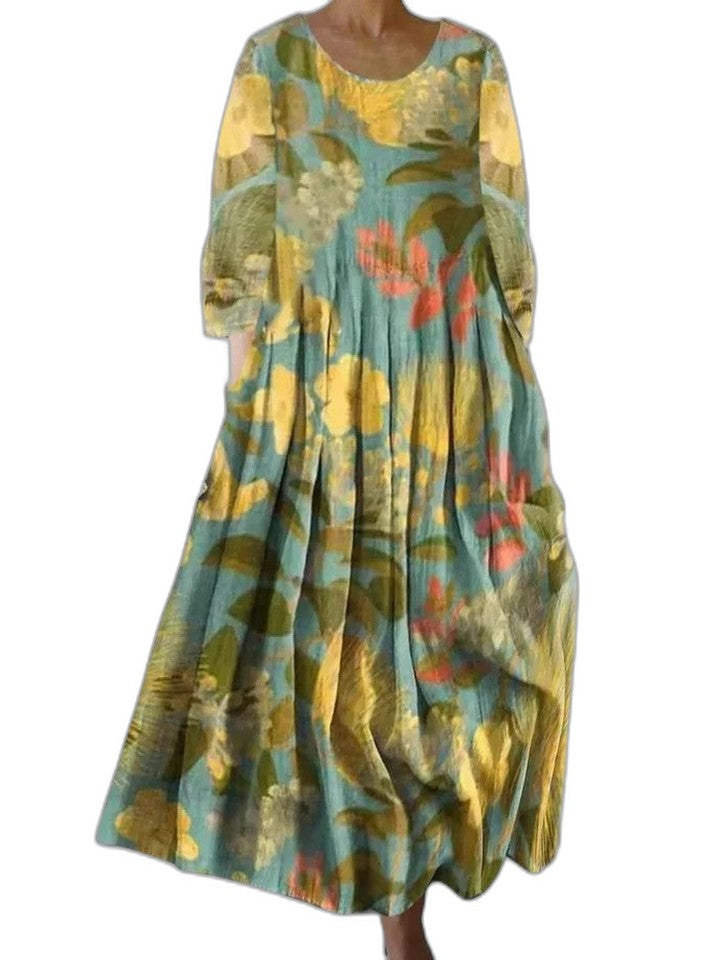 Effortless Floral Midi Dress for Women with Crew Neck Long Sleeve A Line Flowing Casual Style