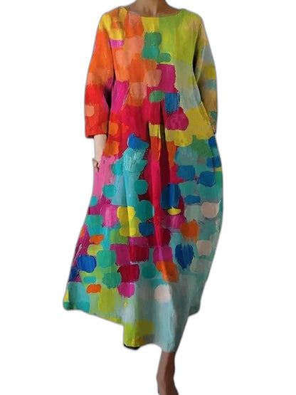 Effortless Floral Midi Dress for Women with Crew Neck Long Sleeve A Line Flowing Casual Style
