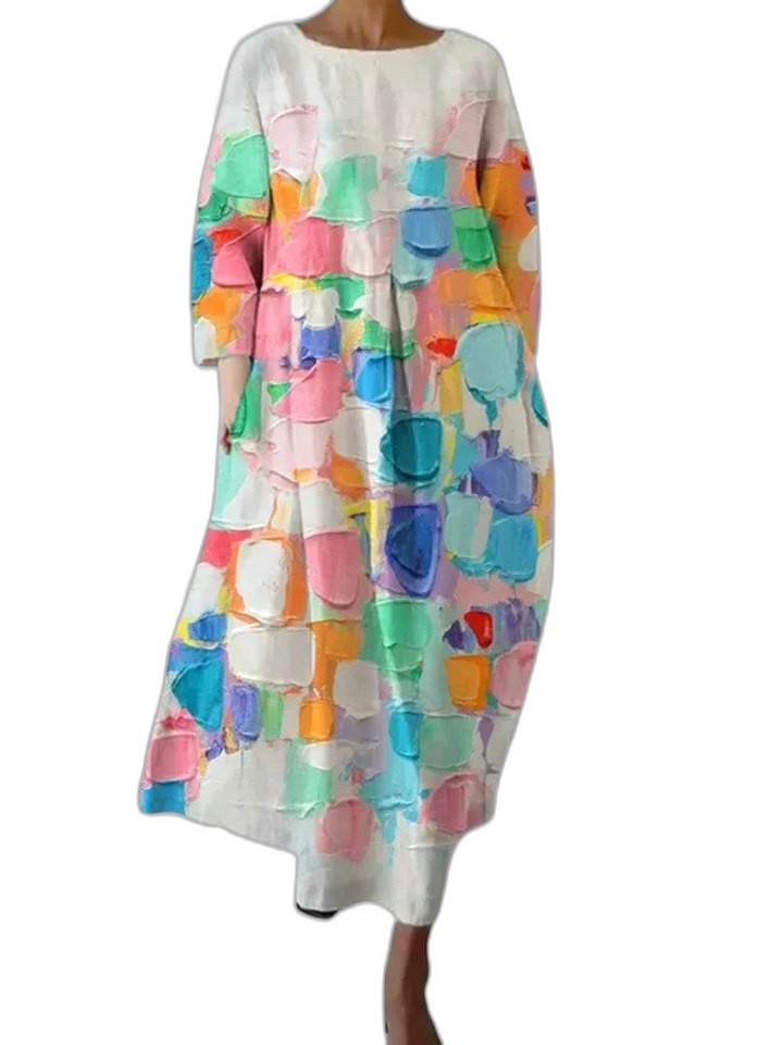 Effortless Floral Midi Dress for Women with Crew Neck Long Sleeve A Line Flowing Casual Style