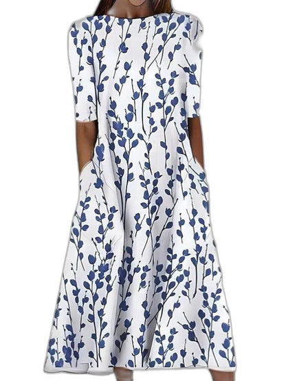Effortless Floral Midi Dress for Women with Crew Neck Short Sleeve A Line Fit And Flare Casual Style