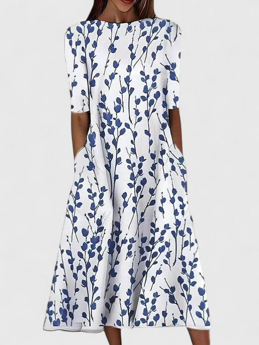 Effortless Floral Midi Dress for Women with Crew Neck Short Sleeve A Line Fit And Flare Casual Style