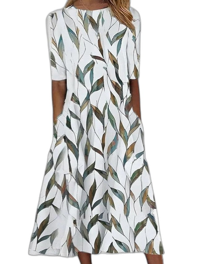Effortless Floral Midi Dress for Women with Crew Neck Short Sleeve A Line Fit And Flare Casual Style