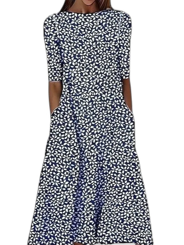 Effortless Floral Midi Dress for Women with Crew Neck Short Sleeve A Line Fit And Flare Casual Style