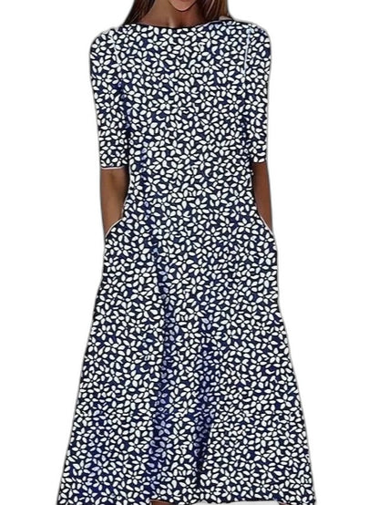 Effortless Floral Midi Dress for Women with Crew Neck Short Sleeve A Line Fit And Flare Casual Style
