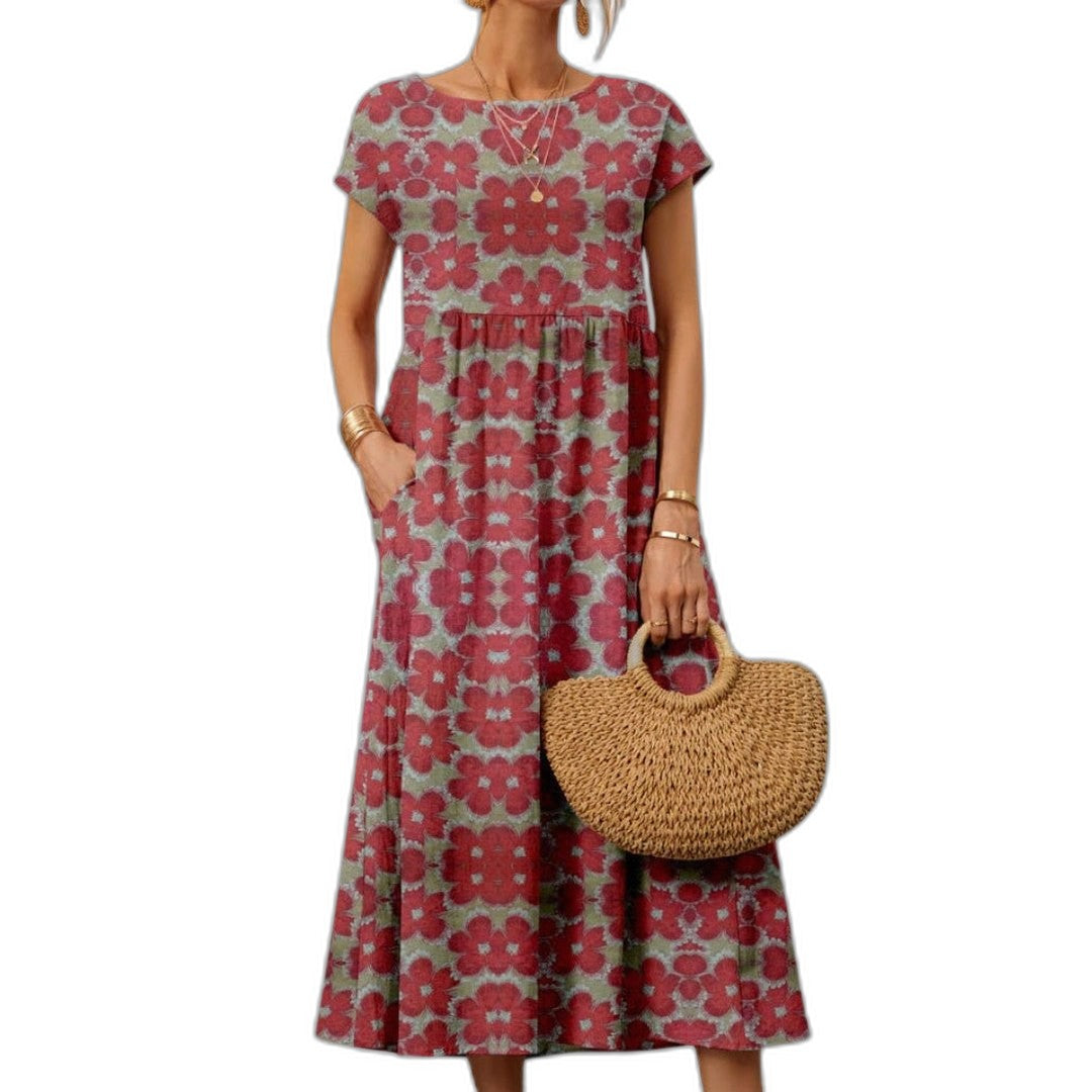 Effortless Floral Midi Dress for Women with Crew Neck Short Sleeve Flowing Casual Style