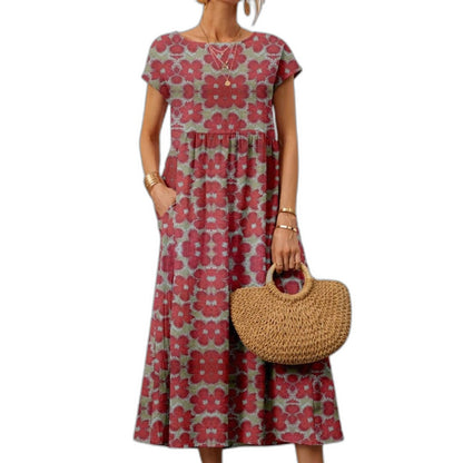 Effortless Floral Midi Dress for Women with Crew Neck Short Sleeve Flowing Casual Style