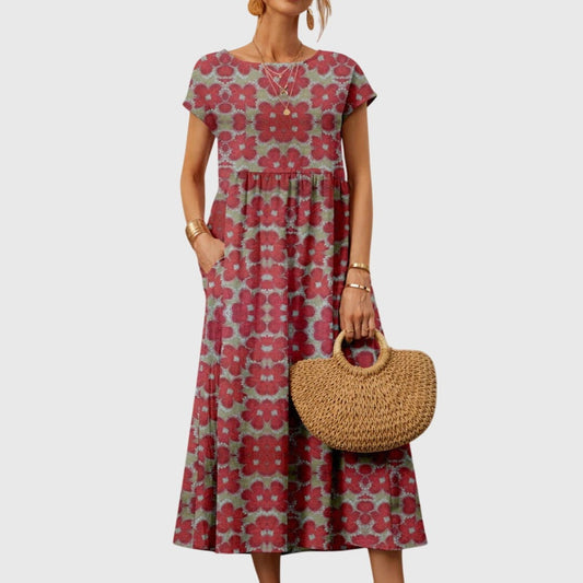 Effortless Floral Midi Dress for Women with Crew Neck Short Sleeve Flowing Casual Style