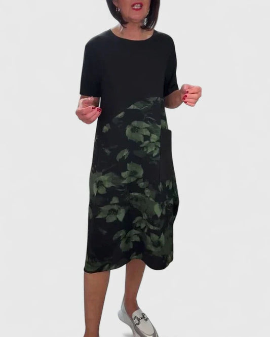 Effortless Floral Midi Dress for Women with Crew Neck Short Sleeve Flowing Casual Style