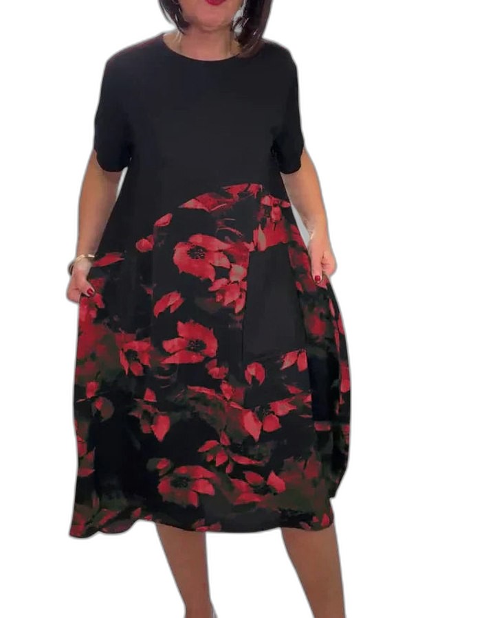 Effortless Floral Midi Dress for Women with Crew Neck Short Sleeve Flowing Casual Style