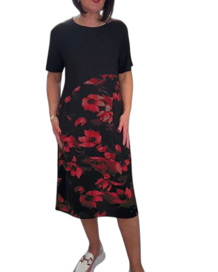 Effortless Floral Midi Dress for Women with Crew Neck Short Sleeve Flowing Casual Style