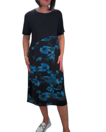 Effortless Floral Midi Dress for Women with Crew Neck Short Sleeve Flowing Casual Style