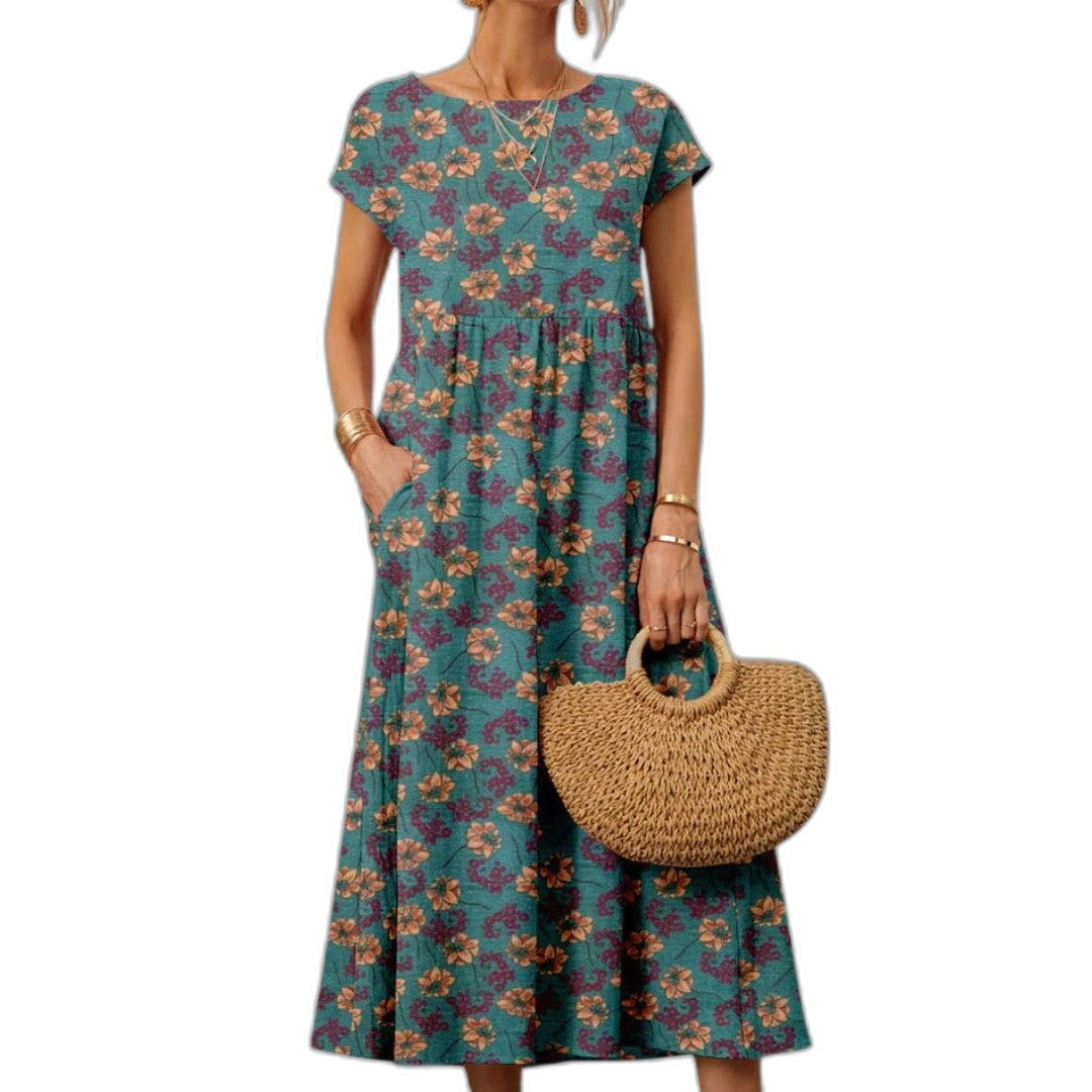 Effortless Floral Midi Dress for Women with Crew Neck Short Sleeve Flowing Casual Style