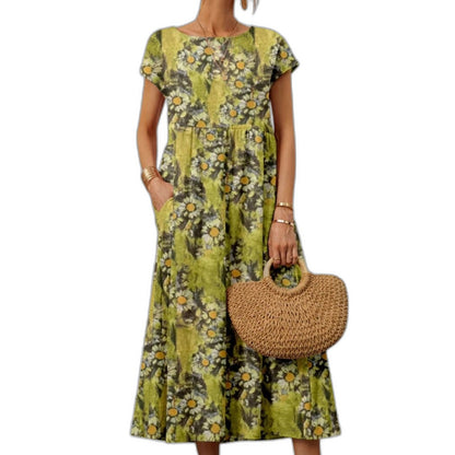 Effortless Floral Midi Dress for Women with Crew Neck Short Sleeve Flowing Casual Style