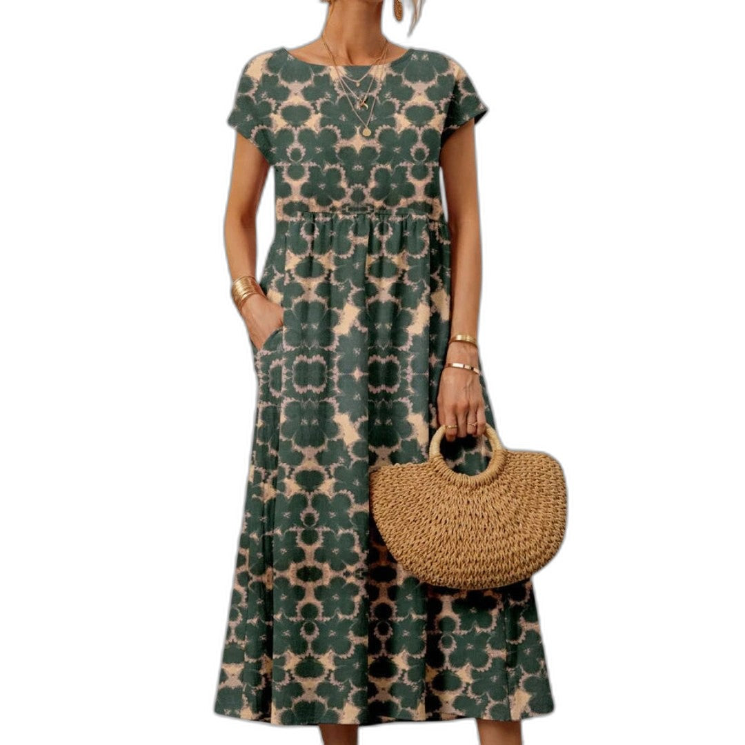 Effortless Floral Midi Dress for Women with Crew Neck Short Sleeve Flowing Casual Style