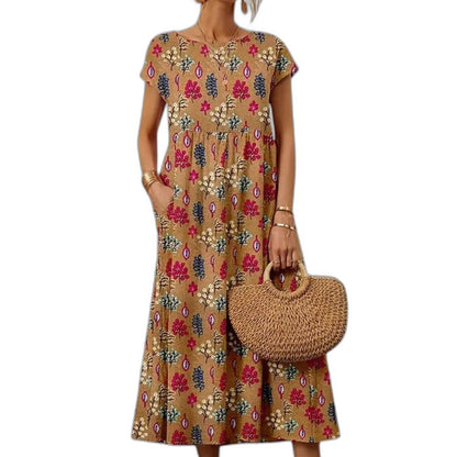 Effortless Floral Midi Dress for Women with Crew Neck Short Sleeve Flowing Casual Style
