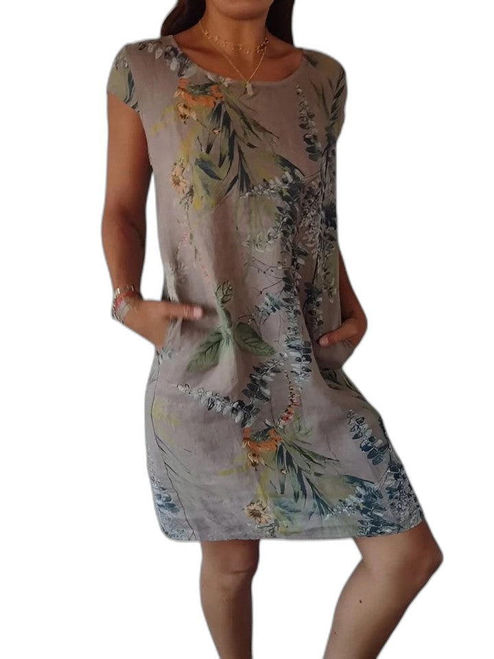 Effortless Floral Midi Dress for Women with Crew Neck Short Sleeve Flowing Pockets Casual Style