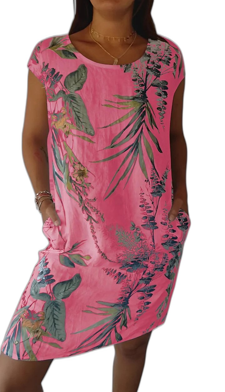 Effortless Floral Midi Dress for Women with Crew Neck Short Sleeve Flowing Pockets Casual Style