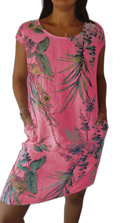 Effortless Floral Midi Dress for Women with Crew Neck Short Sleeve Flowing Pockets Casual Style