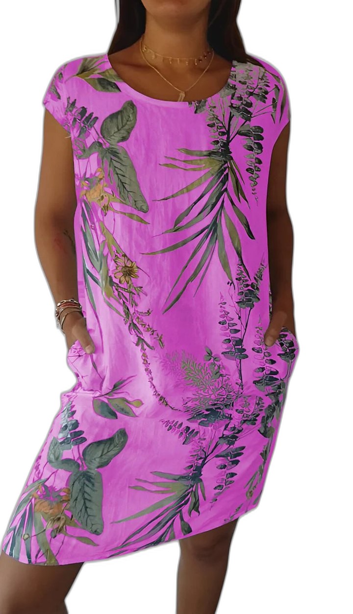 Effortless Floral Midi Dress for Women with Crew Neck Short Sleeve Flowing Pockets Casual Style
