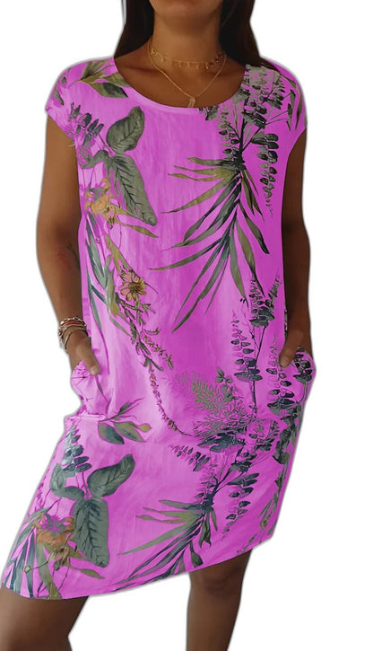 Effortless Floral Midi Dress for Women with Crew Neck Short Sleeve Flowing Pockets Casual Style