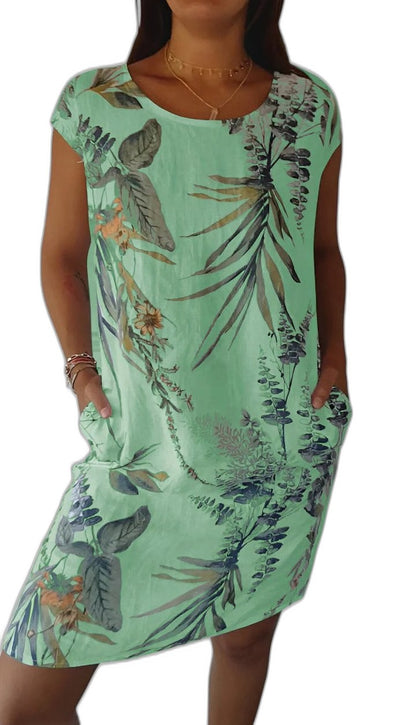 Effortless Floral Midi Dress for Women with Crew Neck Short Sleeve Flowing Pockets Casual Style