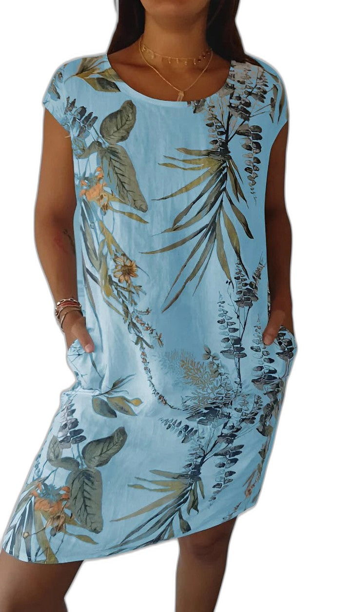Effortless Floral Midi Dress for Women with Crew Neck Short Sleeve Flowing Pockets Casual Style