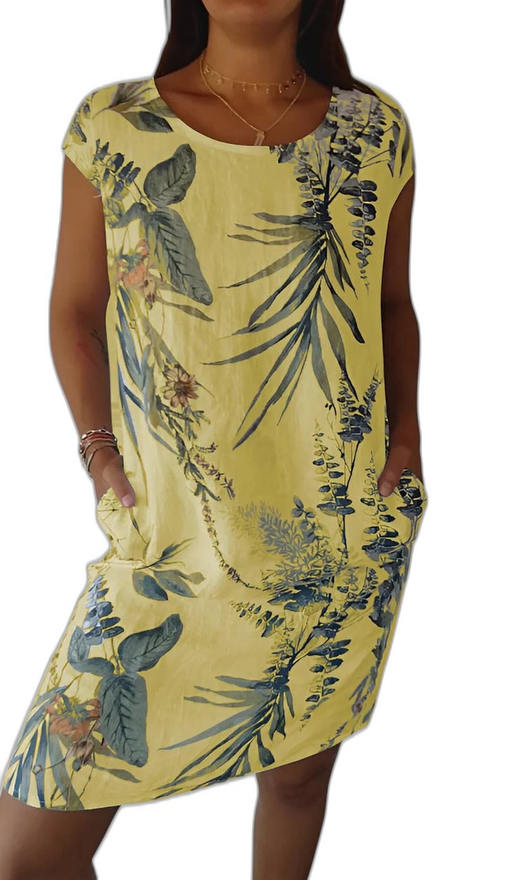 Effortless Floral Midi Dress for Women with Crew Neck Short Sleeve Flowing Pockets Casual Style