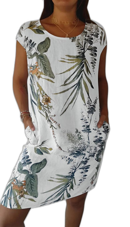 Effortless Floral Midi Dress for Women with Crew Neck Short Sleeve Flowing Pockets Casual Style