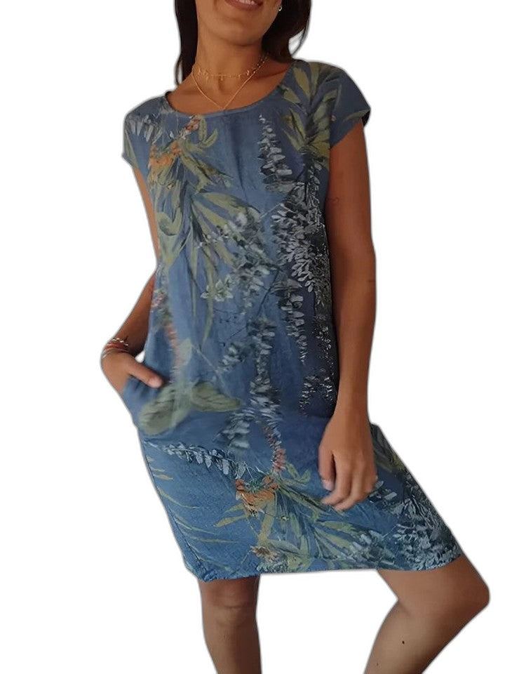 Effortless Floral Midi Dress for Women with Crew Neck Short Sleeve Flowing Pockets Casual Style