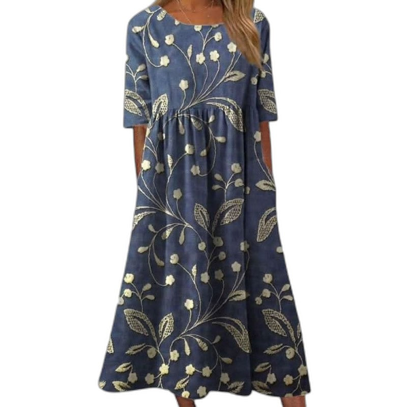 Effortless Floral Midi Dress for Women with Crew Neck Short Sleeve Tiered Flowing Pockets Casual Style