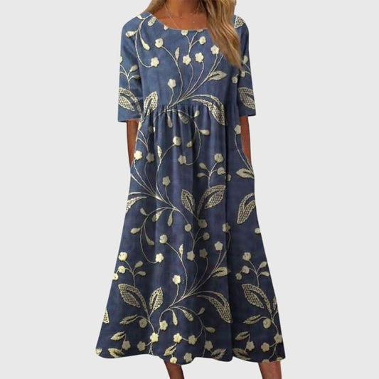 Effortless Floral Midi Dress for Women with Crew Neck Short Sleeve Tiered Flowing Pockets Casual Style