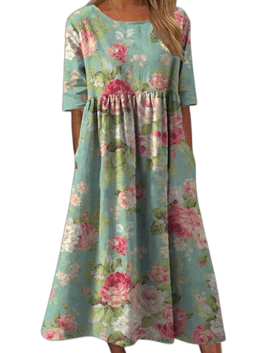 Effortless Floral Midi Dress for Women with Crew Neck Short Sleeve Tiered Flowing Pockets Casual Style