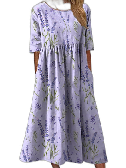 Effortless Floral Midi Dress for Women with Crew Neck Short Sleeve Tiered Flowing Pockets Casual Style