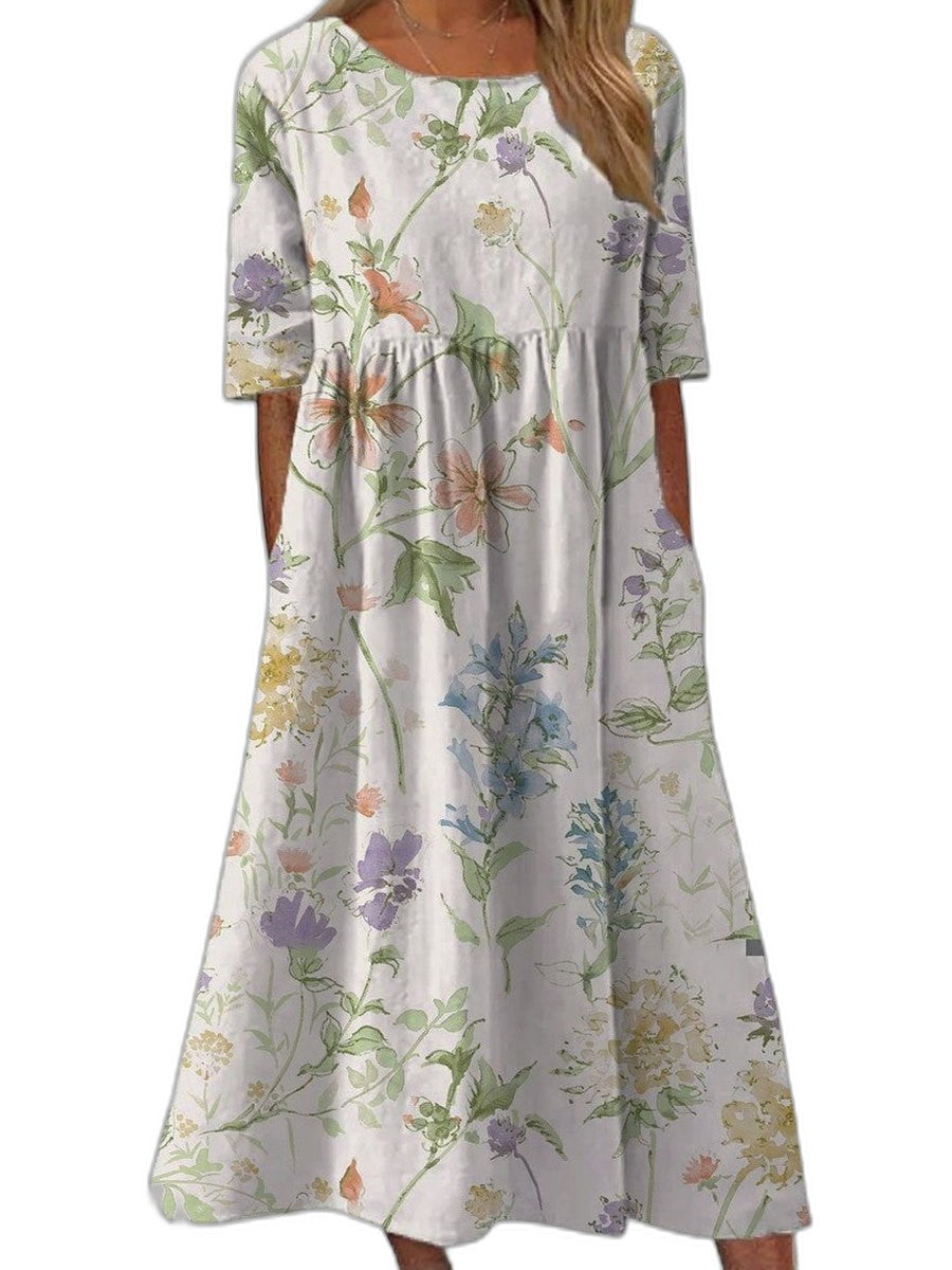 Effortless Floral Midi Dress for Women with Crew Neck Short Sleeve Tiered Flowing Pockets Casual Style